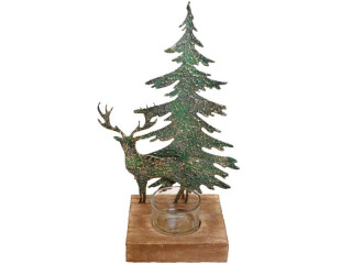 Kerzenhalter Tanne/Hirsch grün-gold patiniert/Holz 15.5 x 9.5 x H 24.5cm