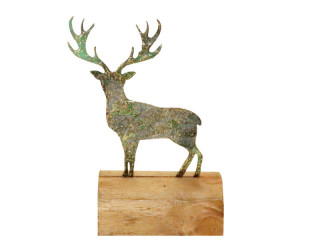 Hirsch auf Holzstück grün-gold patiniert/Holz 11 x 6 x H 15cm