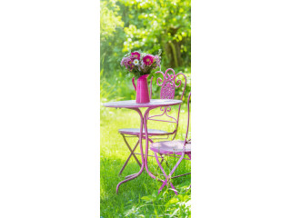 Textilbanner "Gartentisch" grün/rosa, 75x180cm Schlauchnaht oben+unten