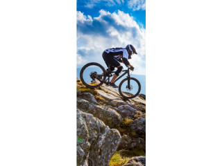 Textilbanner "Mountainbiker" 75x180cm, blau/grün Schlauchnaht oben+unten