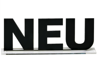 Aufsteller "NEU" Acrylglas schwarz, H 65mm, B 155mm
