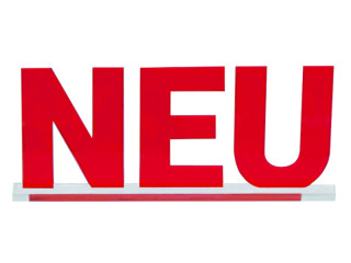 Aufsteller "NEU" Acrylglas rot, versch. Grössen