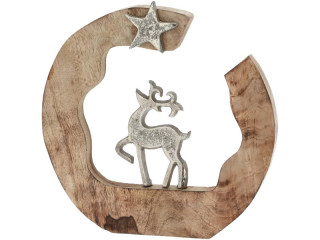 Rentier in Holzkreis Alu/Holz, silber, B 22 x T 2,5 x H 21cm