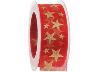 ruban étoiles organza rouge/doré 40mm x 20m