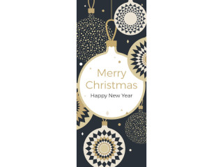 Textilbanner Merry Christmas 75x180cm, Kugeln schwarz/weiss/gold, Schlauchnaht oben+unten