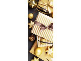 Textilbanner Päckchen/Sterne 75x180cm, gold/schwarz, Schlauchnaht oben+unten