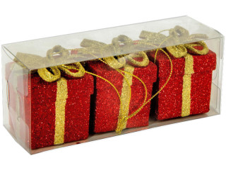 Geschenkpäckchen zum Hängen rot/gold glitter, 6 x 6cm, 3 Stück