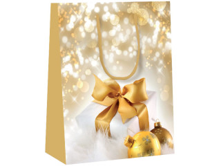 Geschenktasche "Päckchen/Kugeln" weiss/gold, 26 x 12,7 x 32,4cm, mit goldfarbener Kordel