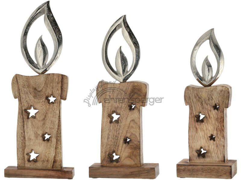 Kerze Holz auf Fuss natur/silber, mit Alu-Flamme, versch. Grössen, sFr. 12,80