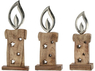 Kerze Holz auf Fuss natur/silber, mit Alu-Flamme, versch. Grössen