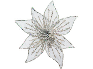 Blüte "Glitter" Organza, silber, mit Clip auf Rückseite, Ø 15cm