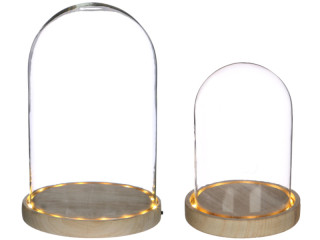 Glashaube auf Holzsockel natur, mit LED, versch. Grössen