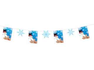 bannière de fanion hiver l 300cm, h 20cm, bonhomme de neige/cristal bleu-blanc, papier
