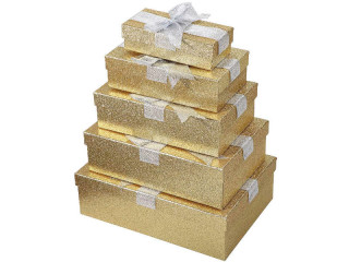 Geschenkboxen-Set mit Schleifen gold/silber, 5-tlg., Grössen: 17 x 8 x 5cm bis 30 x 21 x 9cm