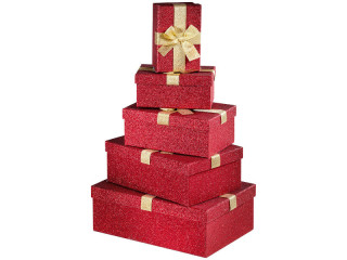 Geschenkboxen-Set Schleifen rot/gold, 5-tlg.  Grössen: 17x8x5 bis 30x21x9cm
