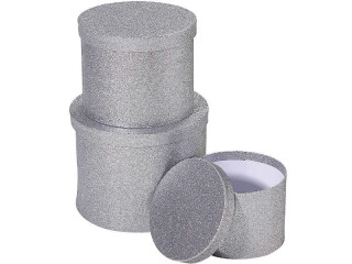 Geschenkboxen-Set rund silber, 3-tlg., Grössen: Ø 12,7 x H 18cm  bis Ø 19,3 x H 25,5cm