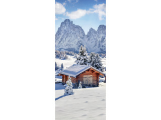 Textilbanner Schneehütte/Berg, 75x180cm, weiss/braun, Schlauchnaht oben+unten
