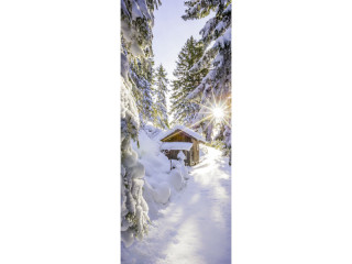 Textilbanner Schneeweg mit Hütte, 75x180cm, weiss/grün, Schlauchnaht oben+unten