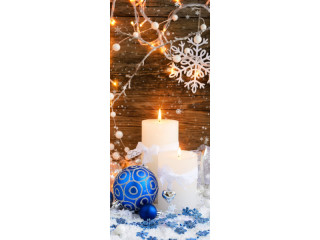 Textilbanner "Kerze/Kugel blau" 75 x 180cm, braun/weiss/blau, Schlauchnaht oben+unten