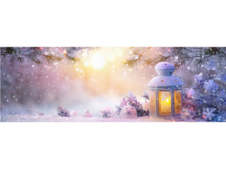 Querbanner "Laterne im Schnee" 150 x 50cm, weiss/hellblau/rosa, Schlauchnaht oben+unten