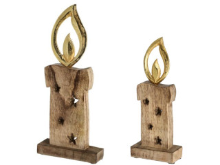 Kerze Holz auf Fuss natur/gold, mit Alu-Flamme, versch. Grössen