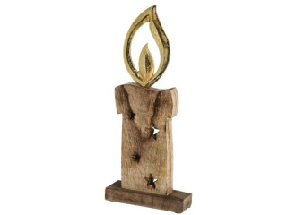Kerze Holz auf Fuss natur/gold, mit Alu-Flamme, B 15 x h 37 x T 5cm