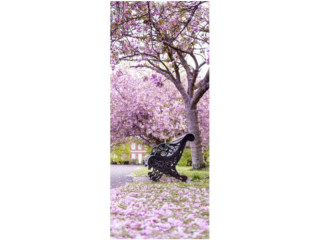 textile banner "bench with flower tree" 75 x 180cm, pink/multicolored, tubular seam top+bottom