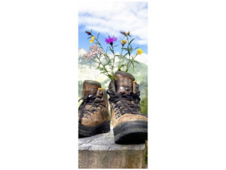 Textilbanner Schuhe/Blumen 75x180cm, braun/bunt Schlauchnaht oben+unten