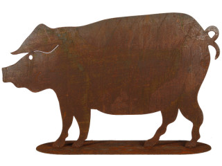 pig on plate rust effect, h 50 x w 80cm, metal, base 65 x 22cm