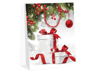 sac cadeau "cadeaux blancs", blanc/rouge/vert, 33 x 10 x h 46cm