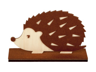 figurine 2D "hérisson" petit, feutre/bois, marron/naturel, l 24 x h 15cm, épaisseur 6mm, sur plaque de base