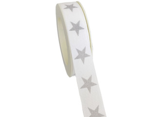 ribbon "glitter star row" w 25mm, l 20m, white/silver
