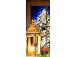 bannière textile *lanterne avec fenêtre", 75 x 180cm, marron clair/bleu, couture tube en haut + en bas