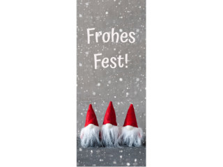 Textilbanner 3 Wichtel+Text 75x180cm, grau/weiss/rot Schlauchnaht oben+unten