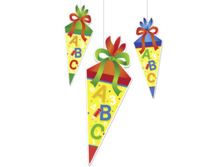 Schultüten-Hänger "ABC" bunt, 3er Set, 1 Stück 47 x 17cm, 2 Stück 29 x 11cm