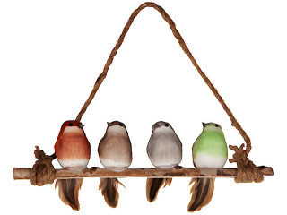 birds 4 pieces on branch, brown/coloured, wood/styrofoam/feathers, with hanging rope