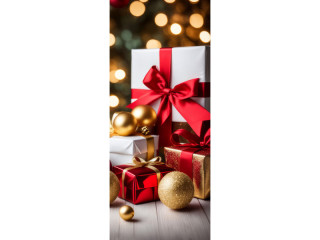 Textilbanner "Geschenke/Schleife", rot/gold, 75 x 180cm, Schlauchnaht oben+unten