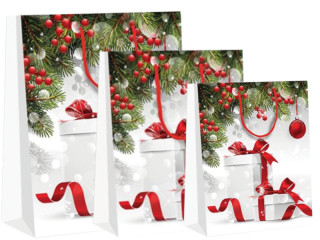 Geschenktasche "weisse Pakete", weiss/rot/grün, versch. Grössen