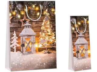 sac cadeau "lanterne/arbre", brun/blanc, diff. tailles