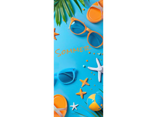 textile banner “Sommer sunglasses”, blue/colored, 75 x 180cm, tubular seam top+bottom