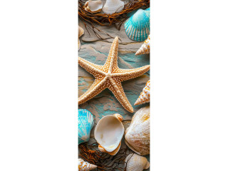 textile banner “starfish/shells”, natural/turquoise, 75 x 180cm, tubular seam top+bottom
