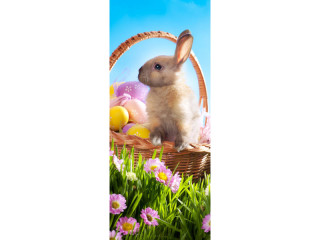 bannière textile "lapin de Pâques/panier", vert/bleu/coloré, 75 x 180cm, couture tubulaire en haut+en bas