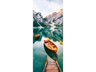 textile banner “boat in alpine lake”, turquoise/nature, 75 x 180cm, tubular seam top+bottom