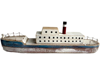 wooden steamboat, natural/blue, 40 x 8 x 12cm