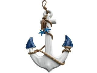 anchor “maritime”, with rope, blue/white, wood, big, 42 x 6 x 65cm