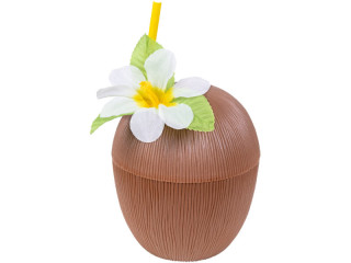 coconut cup with straw, plastic, brown/colored, Ø 12 x h 16cm
