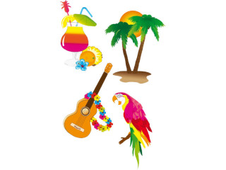 display “Hawaii”, set of 4, cocktail glass, guitar, palm tree, parrot, cardboard, colorful