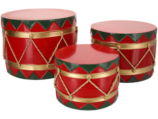set de tambours "X-MAS", 3 pièces, métal, rouge/vert/or, h 23 x Ø 30cm, h 19 x Ø 26cm, h 15 x Ø 21cm