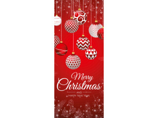 textile banner “Merry Christmas/balls”, red/white, 75 x 180cm, tubular seam top+bottom