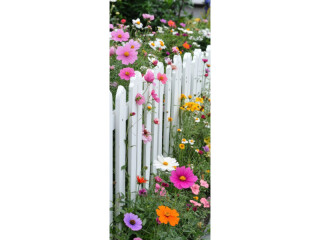 bannière textile "clôture de jardin avec fleurs" multicolore/blanche/verte, 75 x 180cm, couture tubulaire en haut et en bas